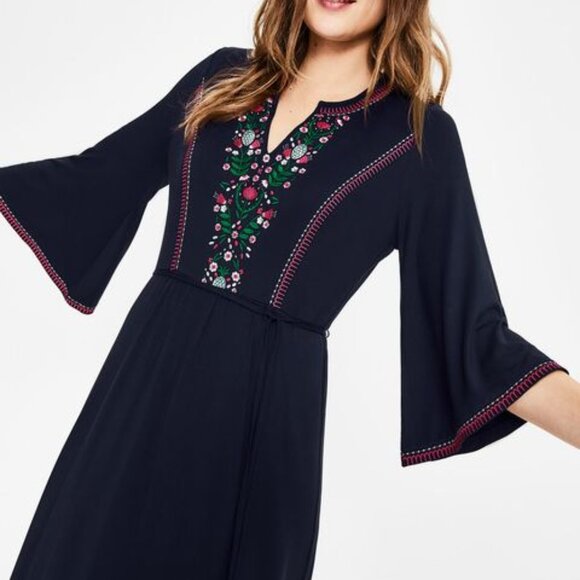 Boden Women Remi Navy Blue Pink Floral Embroidered Bell Sleeve Boho Midi Dress 8 - Picture 12 of 13